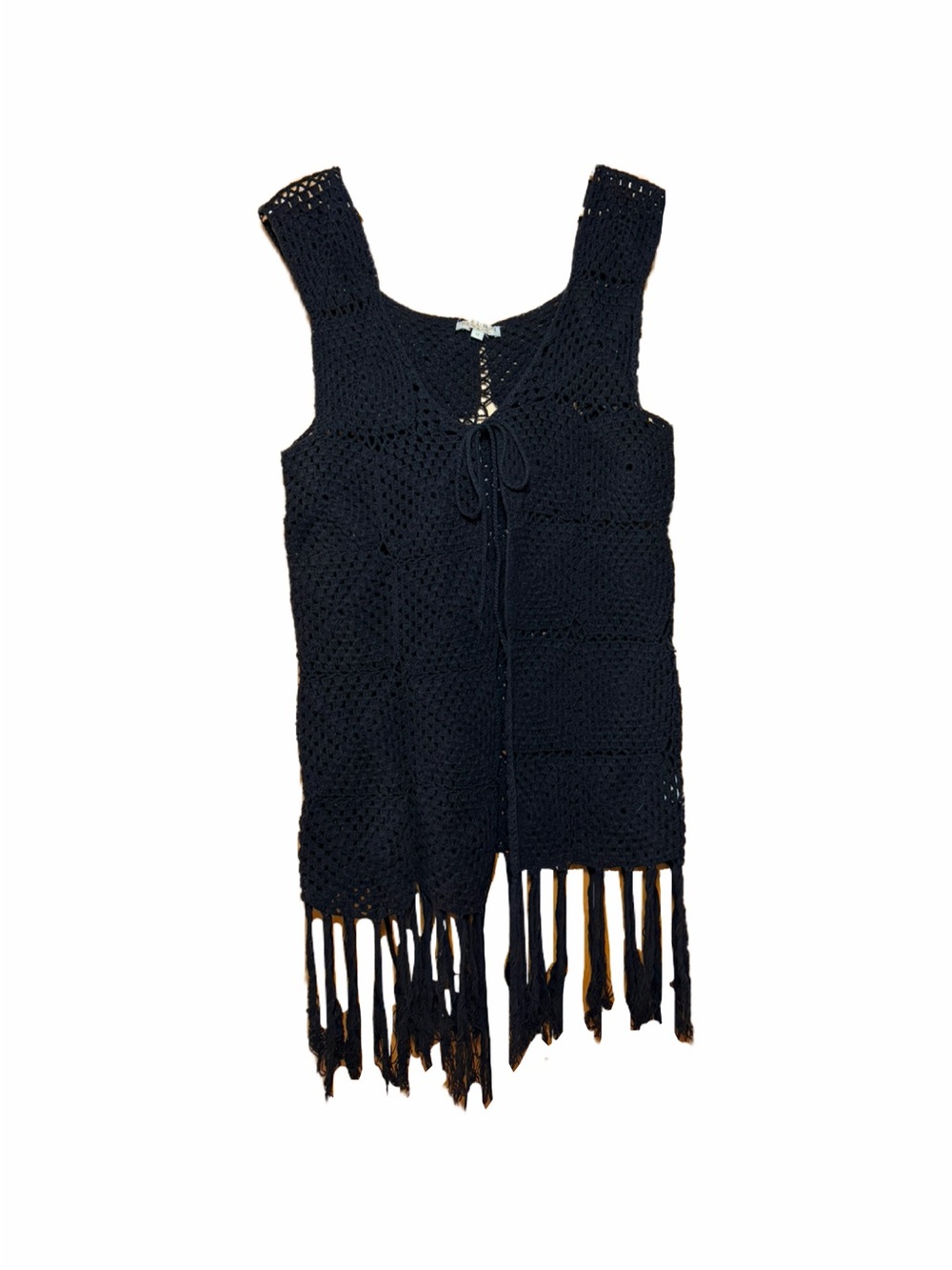 Rebellion Black Open-Weave Crochet Vest with Fringe